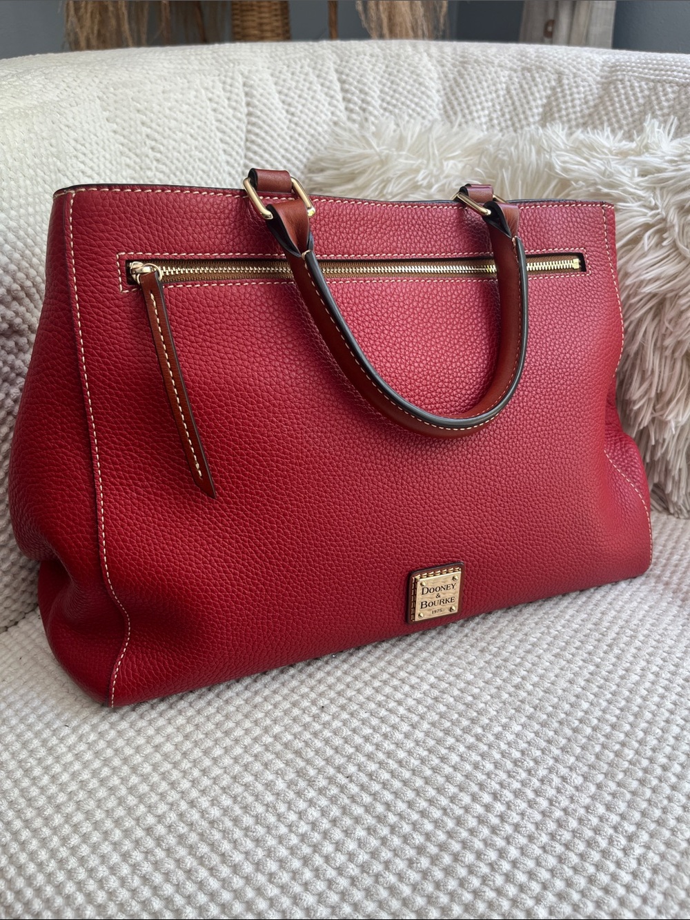 Dooney & Bourke Red Pebbled Leather Large Satchel with Gold Hardware